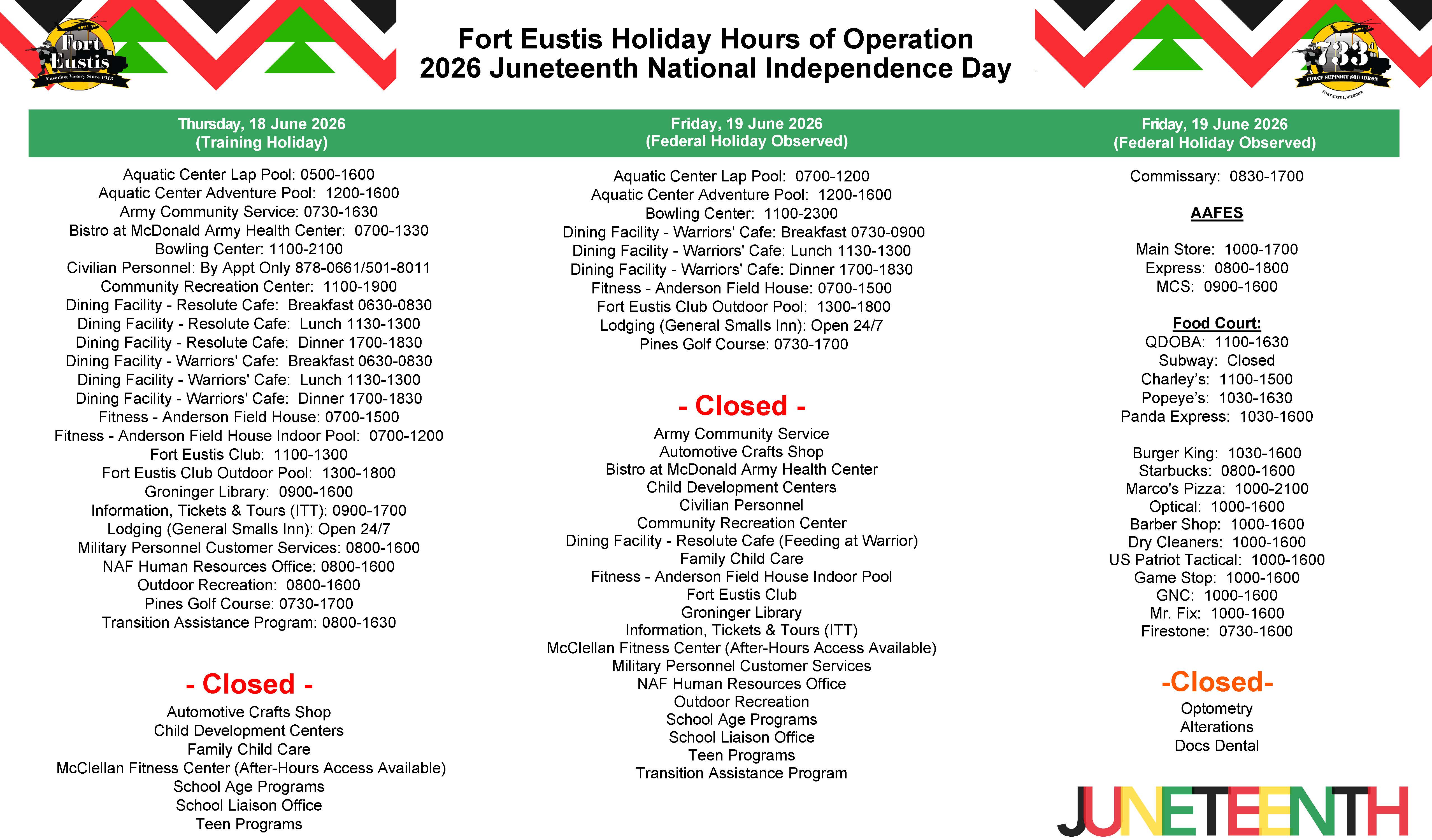 733d FSS Holiday Hours of Operation
